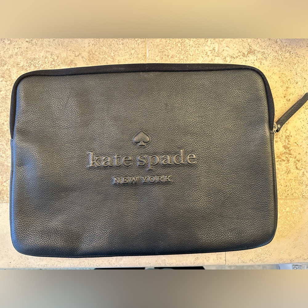kate spade Black Pebbled Leather Laptop Sleeve with Embossed Logo